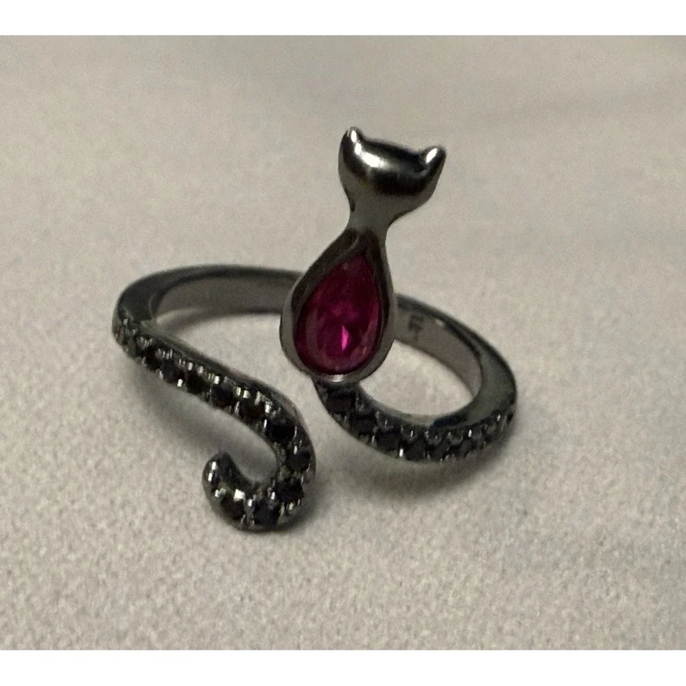 FRAGRANT JEWELS Black Cat Ring Size 5 Midnight Furry Friends Ruby Black Rhodium